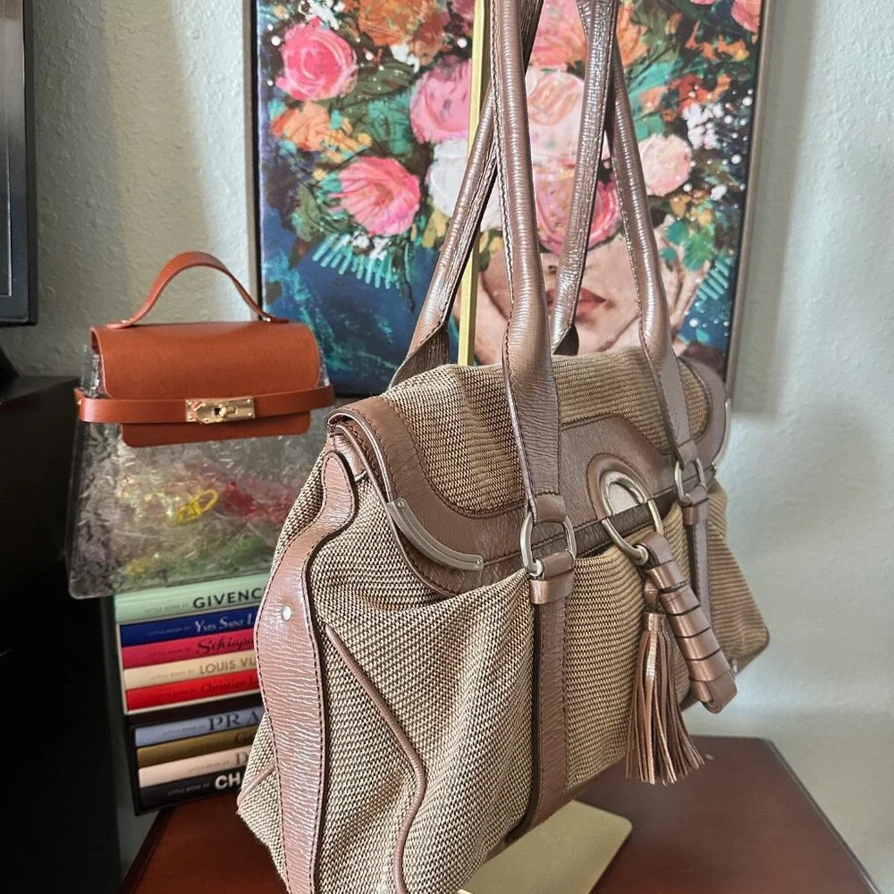Celine Boston Bag Canvas and Patent Leather Fringe Shoulder Bag - EUC